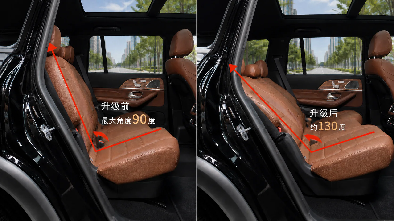 同一套GLS450二排座椅靠背角度升级前后清晰对比，升级前90度，升级后130度