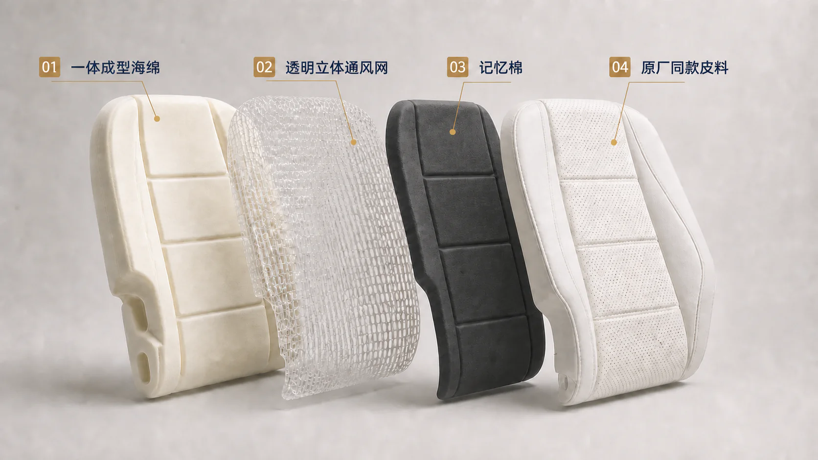 奔驰GLS450二排靠背结构分层图，标注一体成型海绵、透明立体通风网、记忆棉与原厂同款皮料